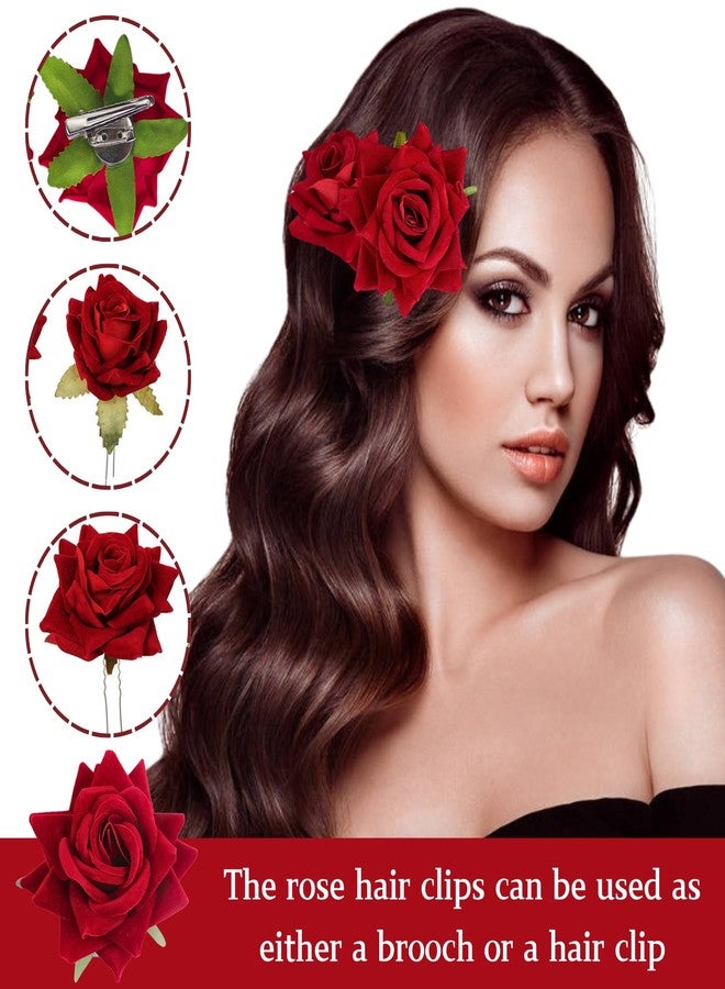 ASTRYAS 4 Pieces Red Rose Flower Hair Clip Bridal Hair Pins Rose Brooch Mexican Flower Hair Accessories for Party Wedding Flamenco Dancer, Christmas Gift for Women - Image 4